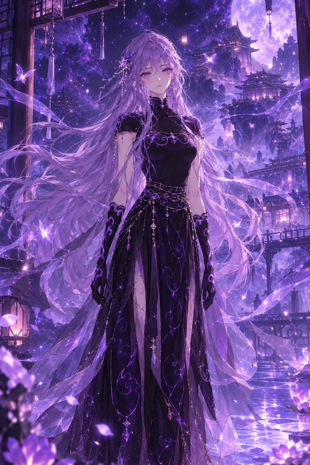 A lavender-haired woman in a dark gown under a glowing moon